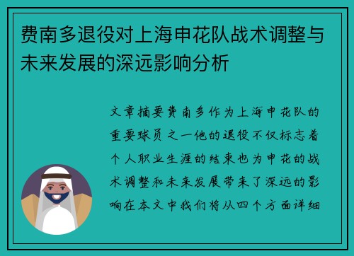 费南多退役对上海申花队战术调整与未来发展的深远影响分析