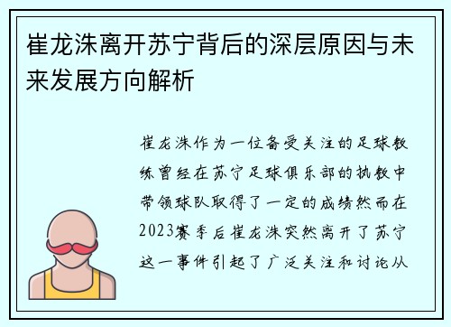 崔龙洙离开苏宁背后的深层原因与未来发展方向解析